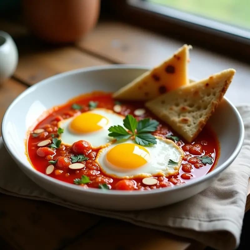 Shakshuka Tunecina con Huevos Poché y Pan de Pita: Desayuno Alto en Proteína en 15 Minutos