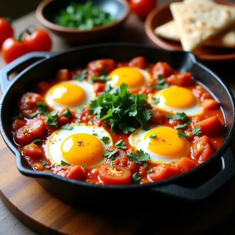 Shakshuka Tunisina con Merluza: Huevos Pochados en Salsa de Tomate y Pescado