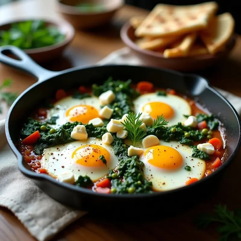 Shakshuka Turca con Espinacas y Queso Beyaz Peynir: Desayuno Proteico en una Sartén