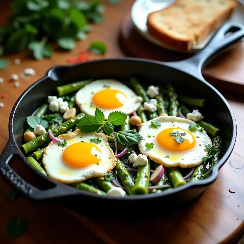 Shakshuka Verde con Espárragos y Queso Feta: Desayuno Norteafricano Alto en Fibra
