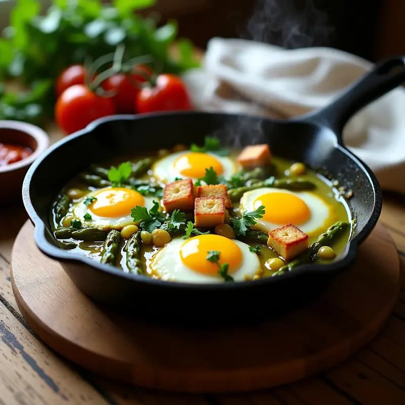 Shakshuka Verde con Espárragos y Queso Halloumi: Desayuno Tunecino en Sartén
