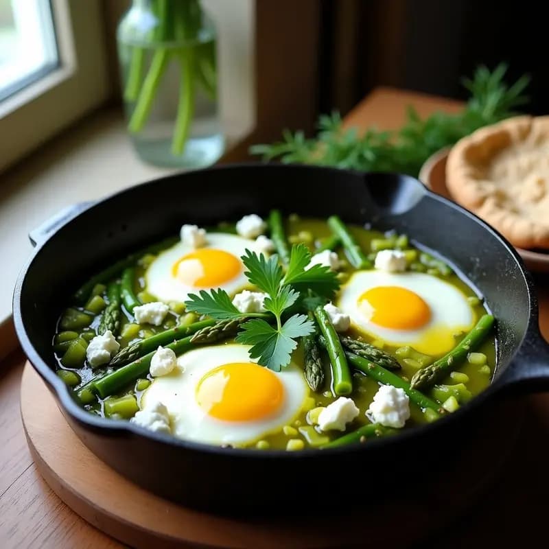 Shakshuka Verde con Espárragos y Queso Feta: Receta Israelí Primaveral en Sartén