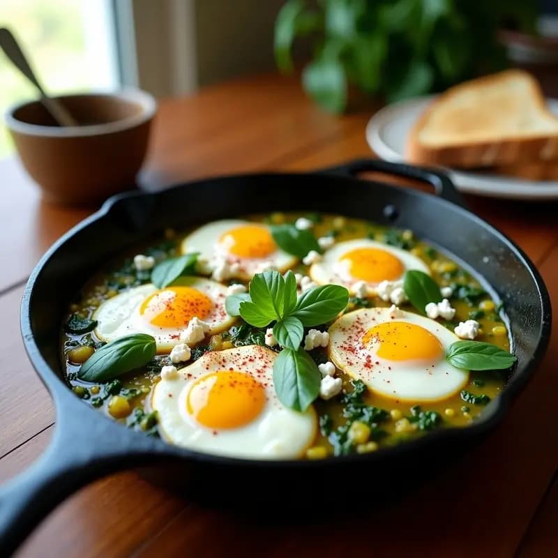 Shakshuka Verde con Espinacas y Feta: Desayuno Norteafricano Bajo en Calorías