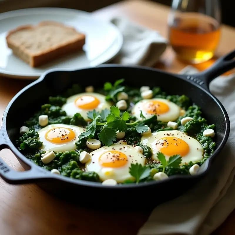 Shakshuka Verde con Espinacas y Feta: Desayuno Tunecino Rápido y Nutritivo