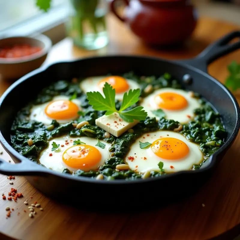 Shakshuka Verde con Espinacas y Queso de Cabra: Receta Norteafricana en Sartén de Hierro