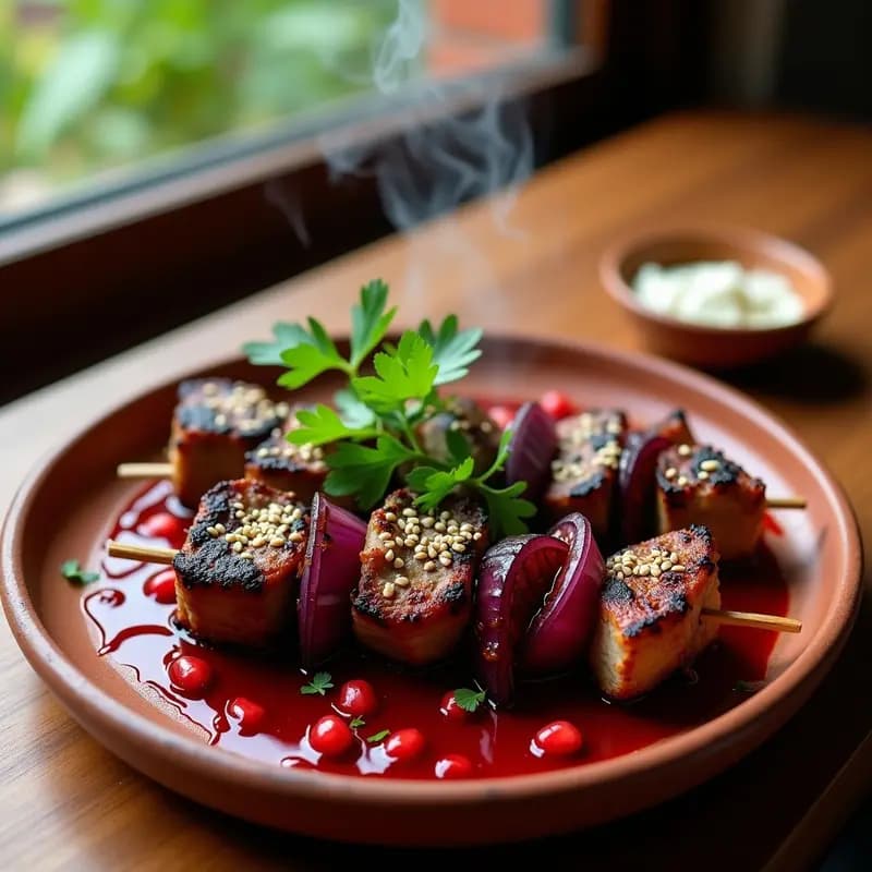 Shashlik de Cordero con Cebolla Morada y Vinagreta de Granada: Receta Uzbeka en Brochetas