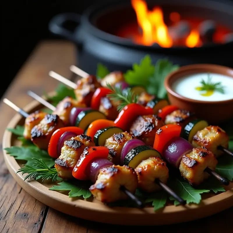 Shashlik de Cordero con Verduras Asadas y Salsa de Yogur: Receta Rusa en Grill