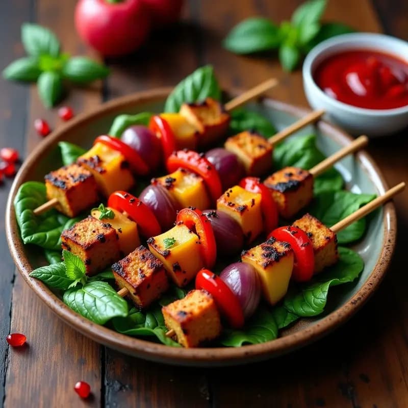 Shashlik de Seitan y Pimientos con Salsa de Granada: Brochetas Rusas Veganas a la Parrilla