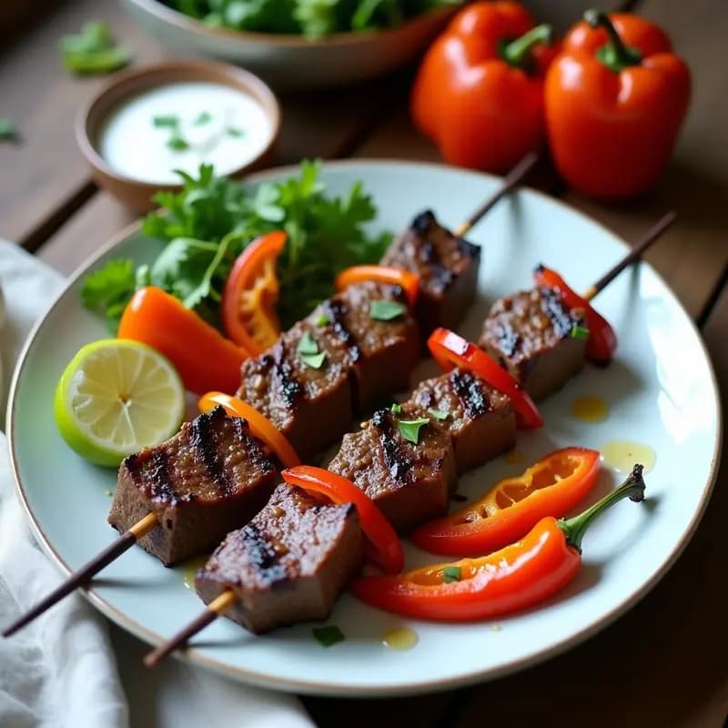 Shashlik de Ternera con Pimientos Asados y Yogur de Coco: Receta Rusa Keto en Grill