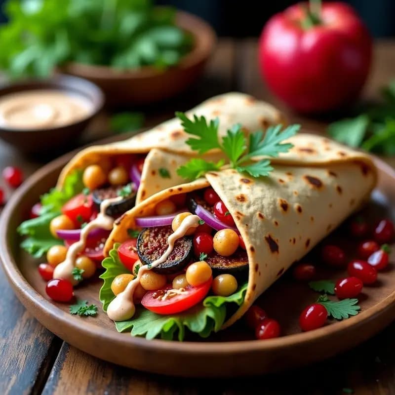 Shawarma de Garbanzos y Berenjena con Tahini y Granadas: Receta Libanesa Vegana en Wrap