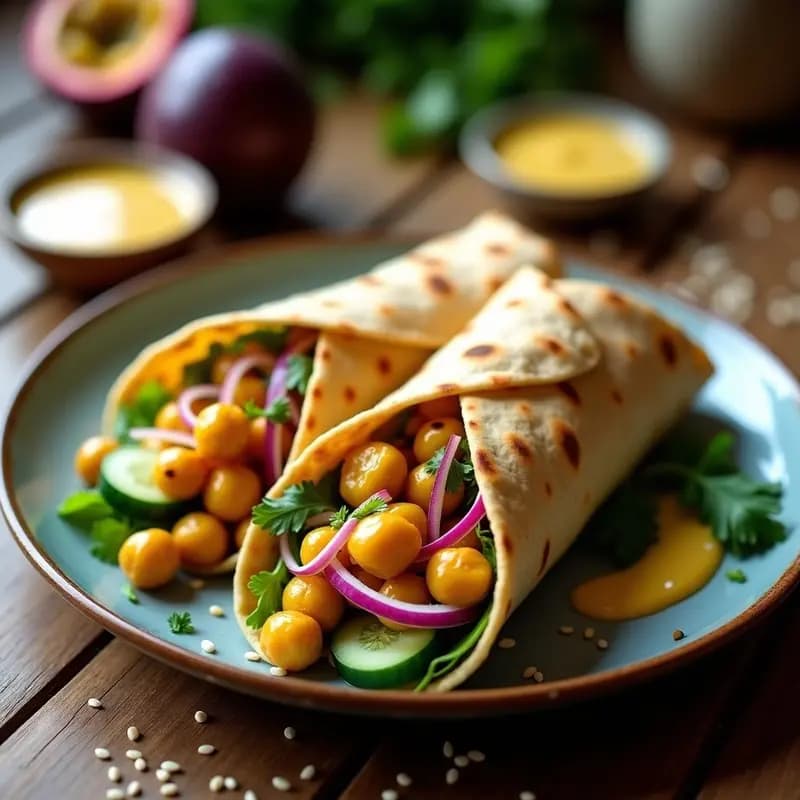 Shawarma de Garbanzos Crujientes con Tahini y Granadilla: Wrap Vegano al Estilo Árabe