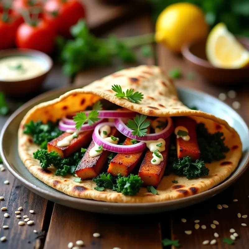 Shawarma de Seitan y Col Rizada con Salsa de Tahini: Receta Árabe Vegana y Alta en Proteína