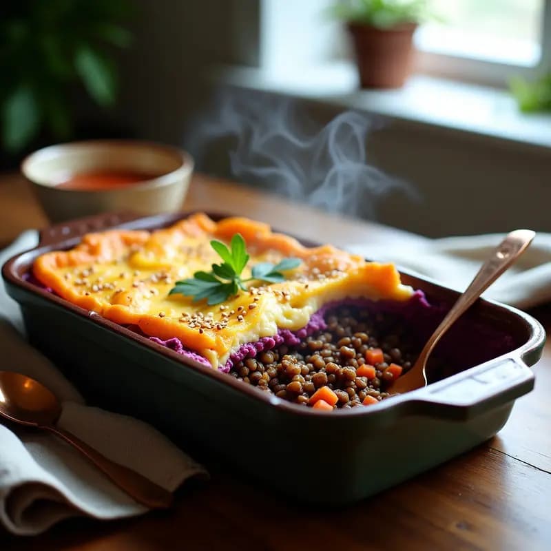 Shepherd’s Pie de Lentejas y Batata Morada: Pastel Británico Vegano