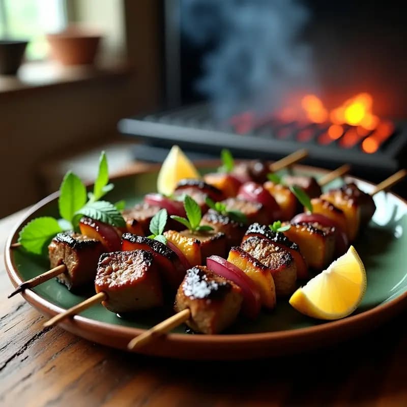 Shish Kebab Iraní con Cordero y Berenjena: Brochetas en Grill Alta en Proteína
