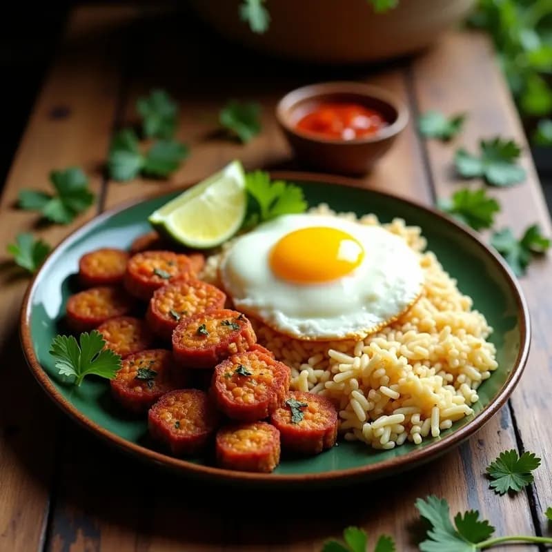 Silog Filipino con Longaniza Vegana y Garlic Rice: Desayuno Alta en Proteína y Sin Carne