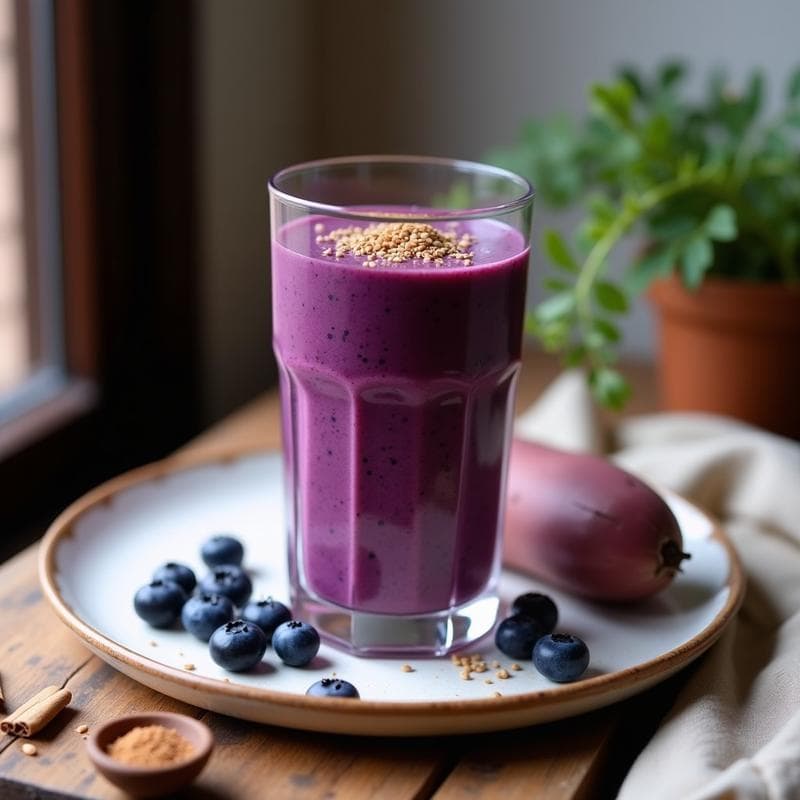 Smoothie Morado de Batata, Arándanos y Maca: Desayuno Energético Antiinflamatorio