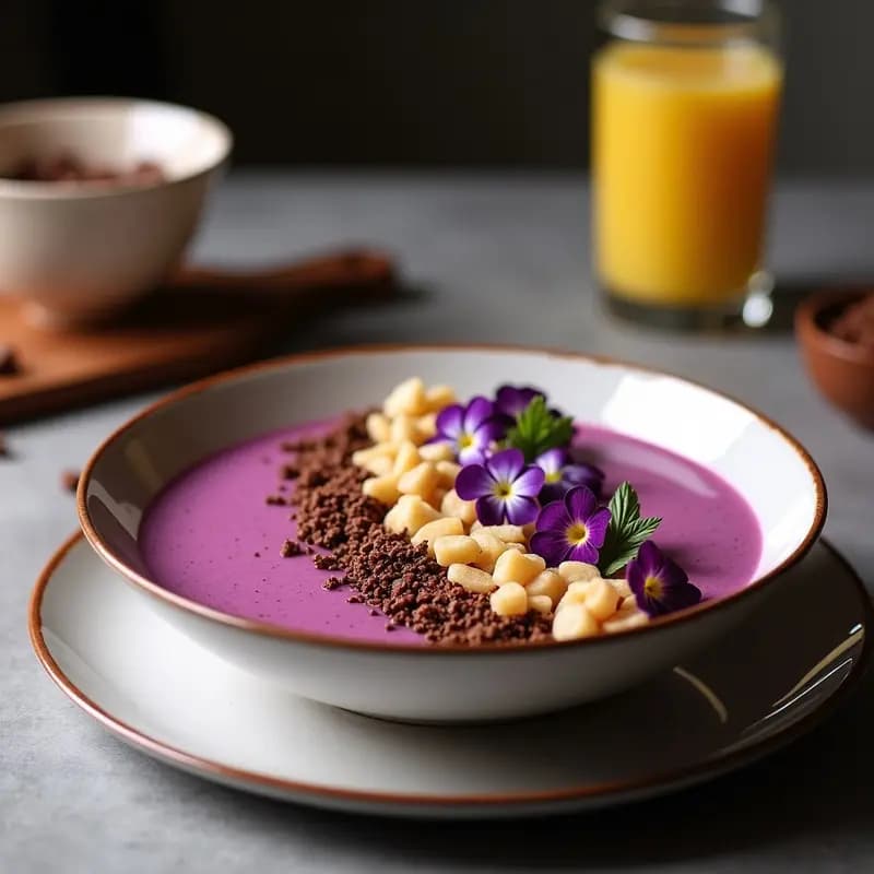 Smoothie Bowl de Açaí y Pitaya con Granola de Cacao y Flores Comestibles: Desayuno Fotogénico