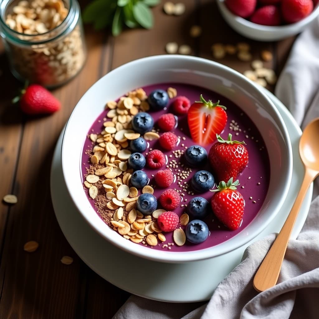 Smoothie Bowl de Avena y Frutos Rojos con Granola Casera: Desayuno Alto en Fibra
