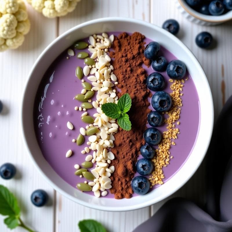 Smoothie Bowl de Coliflor y Arándanos con Toppings Antioxidantes: Desayuno Vegano y Sin Azúcar
