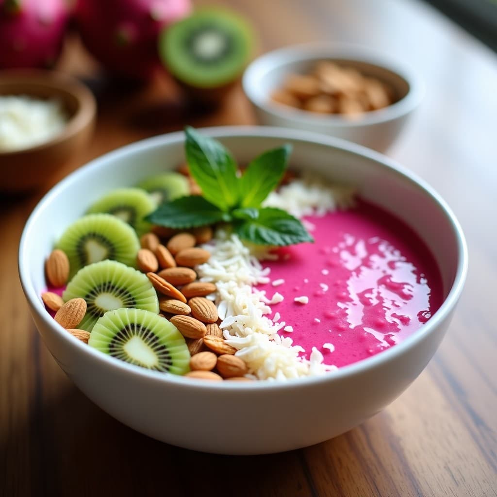 Smoothie Bowl de Dragonfruit y Kiwi con Toppings de Granola Sin Azúcar: Desayuno Instagramable