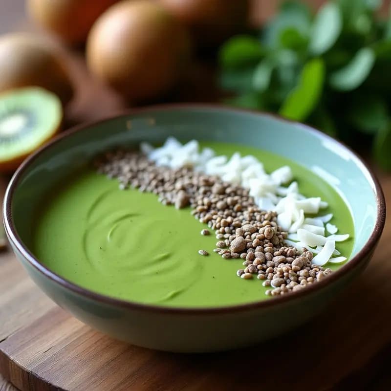 Smoothie Bowl de Espinaca y Kiwi con Toppings de Coco y Semillas de Chía