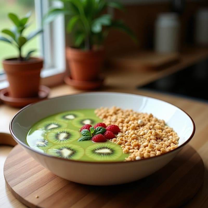 Smoothie Bowl de Espinacas, Kiwi y Jengibre con Granola Casera: Desayuno Detox