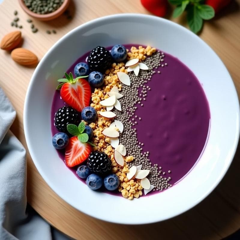 Smoothie Bowl de Espirulina y Frutos del Bosque con Granola de Quinoa: Desayuno Superalimentos Sin Lactosa