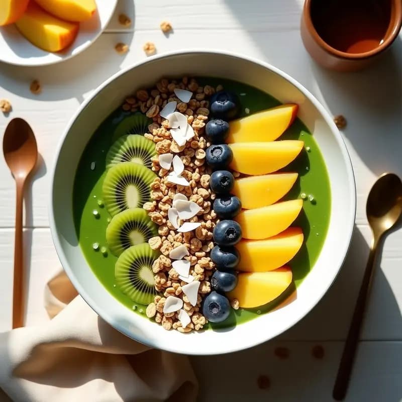 Smoothie Bowl de Espirulina con Toppings de Frutas Tropicales y Granola de Quinoa