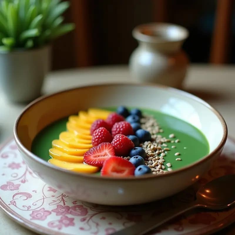 Smoothie Bowl de Espirulina con Leche de Coco y Toppings de Frutas Exóticas: Desayuno Superfood