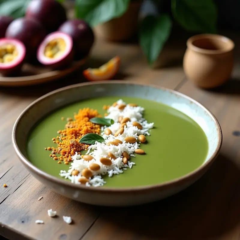 Smoothie Bowl de Espirulina y Maracuyá con Toppings de Coco Rallado y Semillas de Calabaza