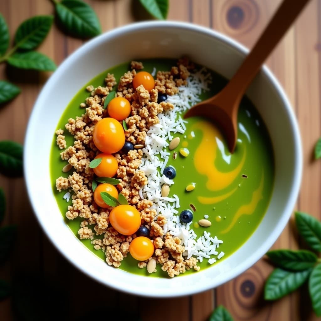 Smoothie Bowl de Espirulina y Maracuyá con Granola: Desayuno Vegano Alta en Hierro