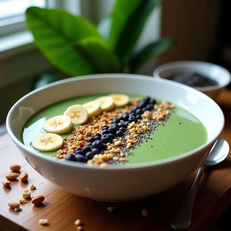 Smoothie Bowl de Espirulina y Plátano con Toppings de Chía: Desayuno Superalimentos