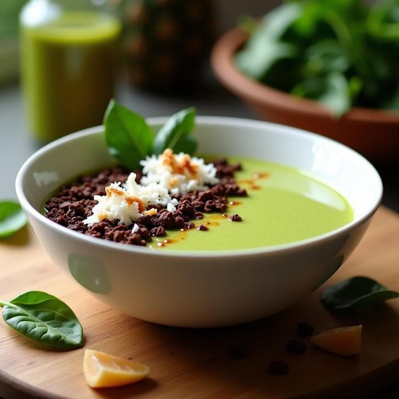 Smoothie Bowl de Guanábana y Espinacas con Granola de Cacao: Desayuno Tropical Sin Lactosa