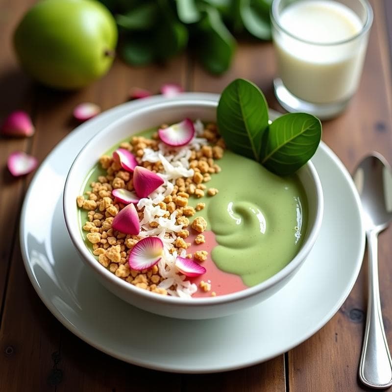 Smoothie Bowl de Guayaba y Spinaca con Granola de Macadamia: Desayuno Tropical Sin Azúcar