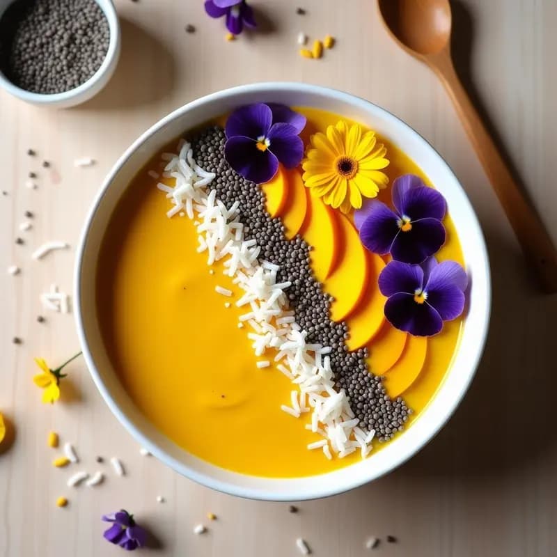 Smoothie Bowl de Mango y cúrcuma con Semillas de Chía y Flores Comestibles