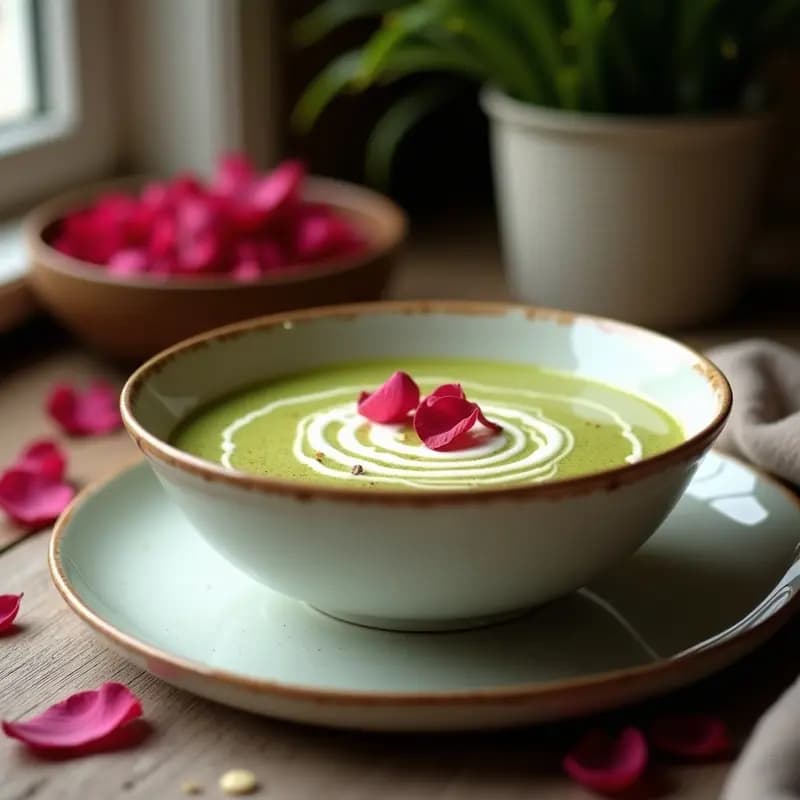 Smoothie Bowl de Matcha con Espirales de Chocolate Blanco y Pétalos de Rosa: Desayuno Liste para Instagram