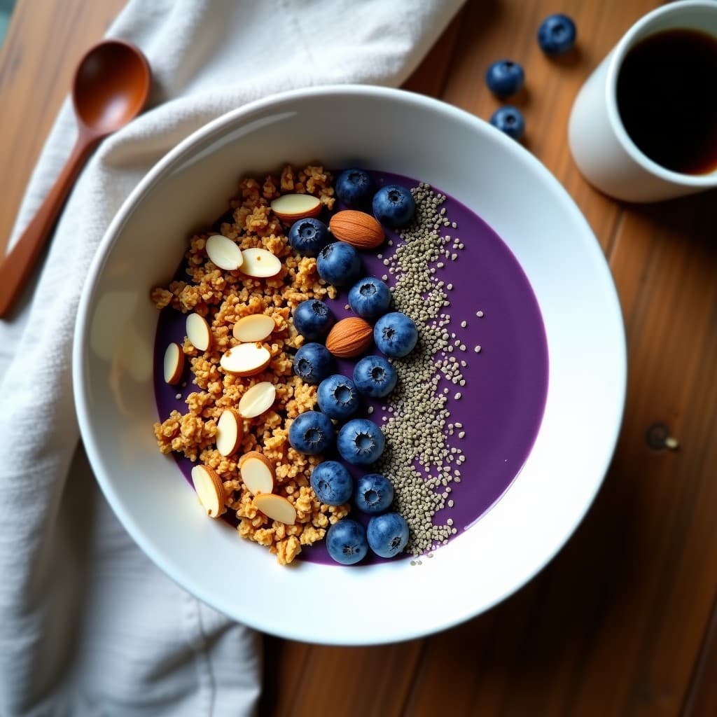 Smoothie Bowl de Moras Azules y Espinacas con Granola de Almendra: Desayuno Sin Gluten y Alto en Fibra