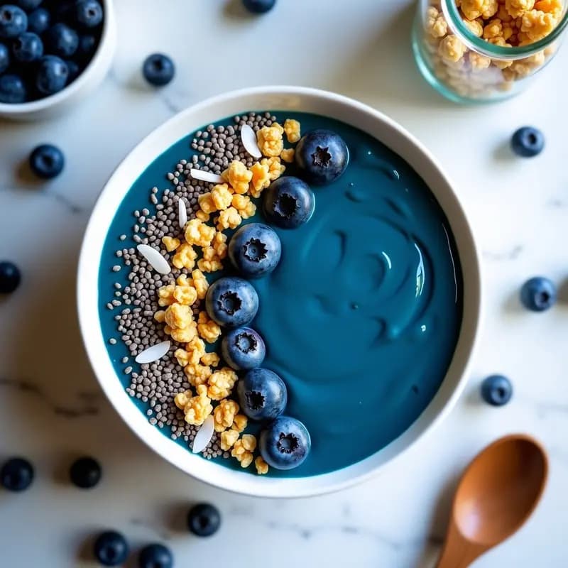 Smoothie Bowl de Moras Azules y Espirulina con Granola de Quinoa Inflada