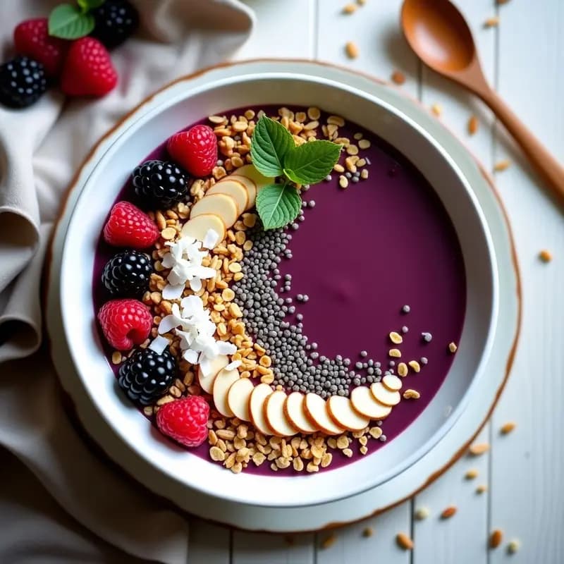 Smoothie Bowl de Moras y Chía con Leche de Avena y Toppings Crujientes: Desayuno Photogenic