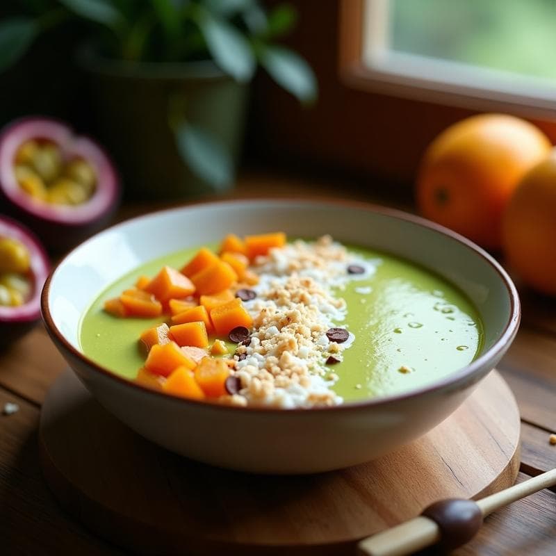 Smoothie Bowl de Moringa y Maracuyá con Toppings de Coco: Desayuno Superalimento Sin Lactosa