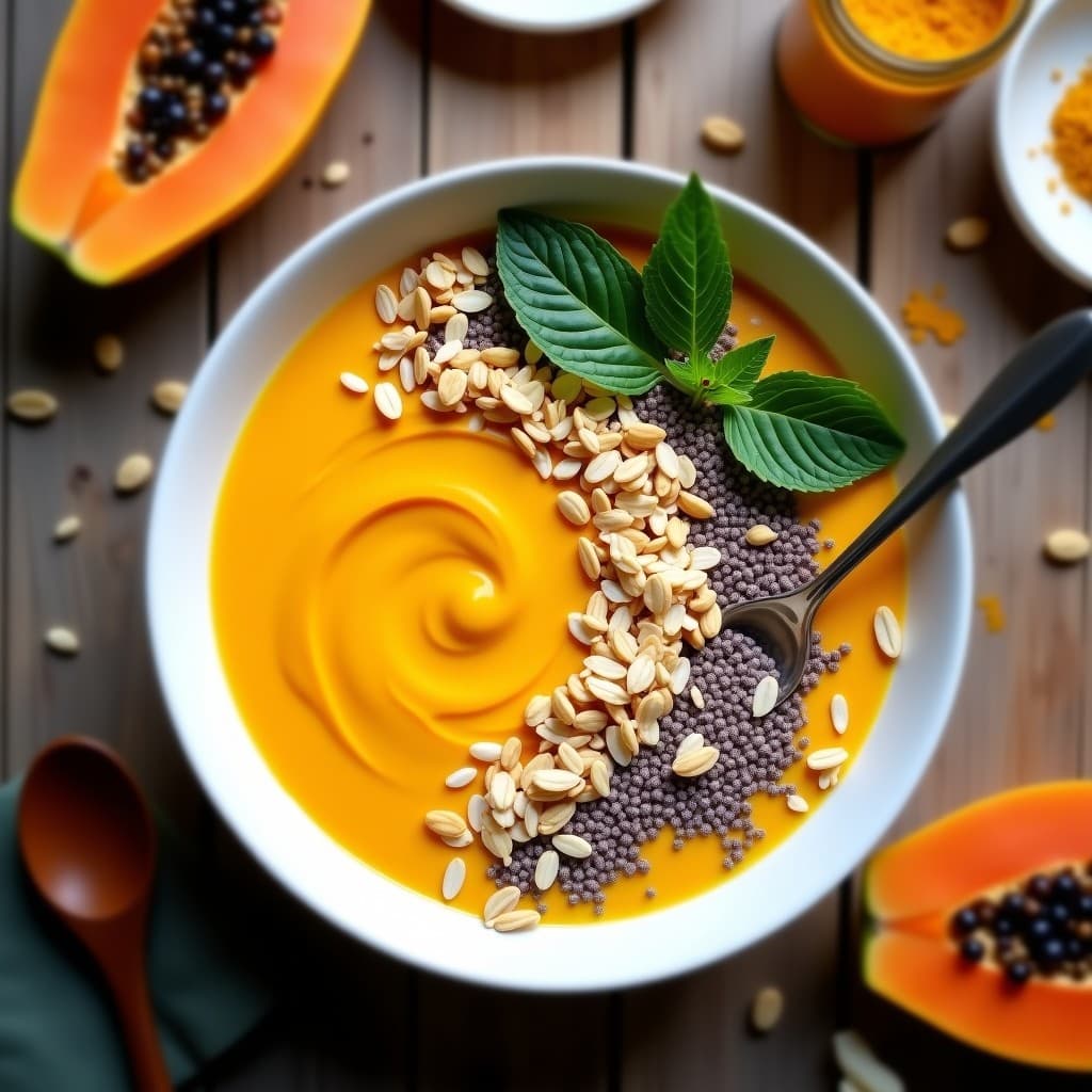 Smothie Bowl de Papaya y Cúrcuma con Granola de Semillas: Desayuno Antioxidante en 5 Minutos