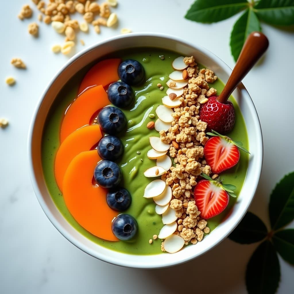 Smoothie Bowl de Papaya, Espinacas y Semillas de Cáñamo con Toppings Crujientes