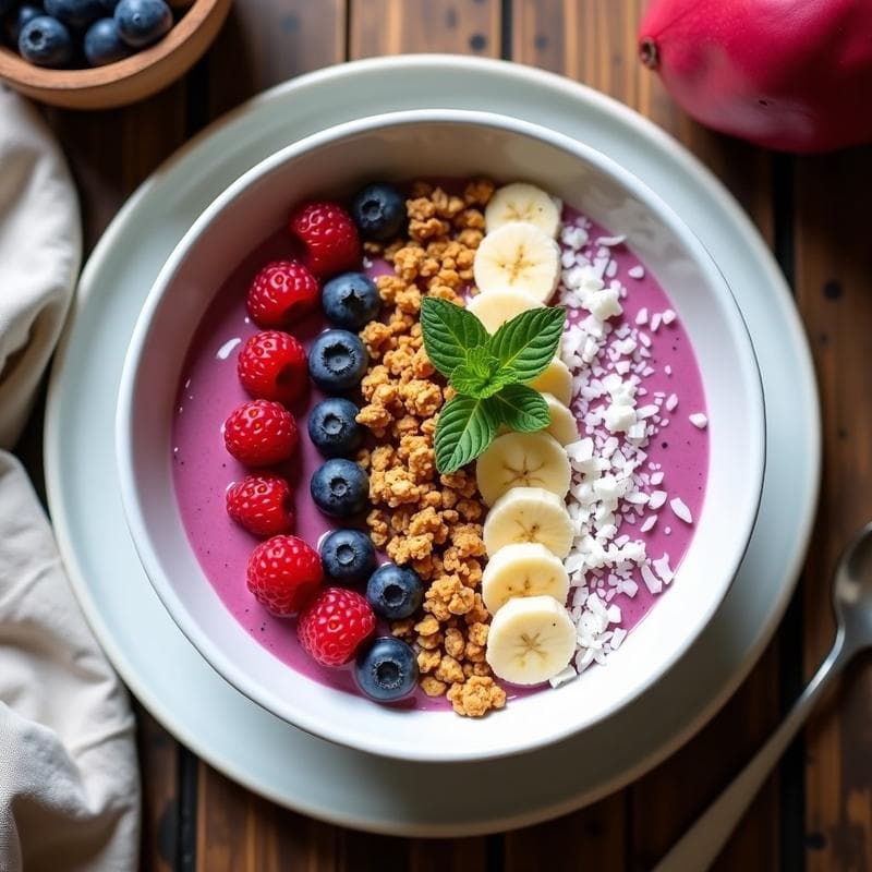 Smoothie Bowl de Pitahaya y granola de almendras: Desayuno Antioxidante en 10 Minutos