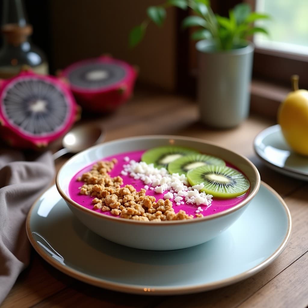 Smothie Bowl de Pitahaya y Kiwi con Granola de Coco: Desayuno Tropical y Detox