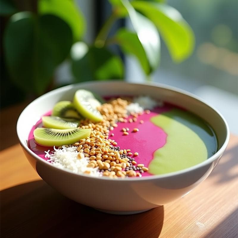 Smoothie Bowl de Pitahaya y Kiwi: Desayuno Vegano con Toppings Crujientes