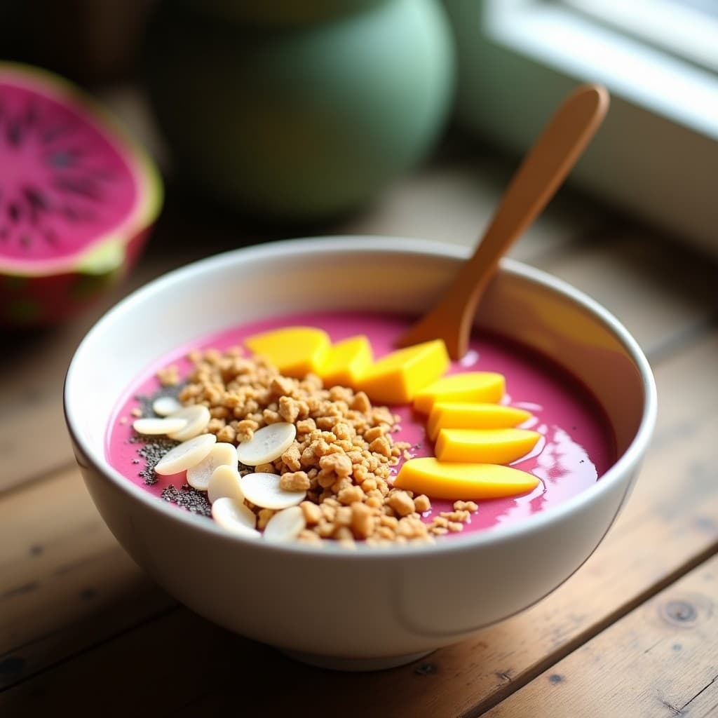 Smothie Bowl de Pitahaya y Mango con Granola de Quinoa: Desayuno Vegano y Alta en Fibra