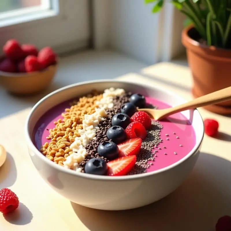 Smoothie Bowl de Pitaya y Chía con Granola de Quinoa y Salsa de Cacahuete