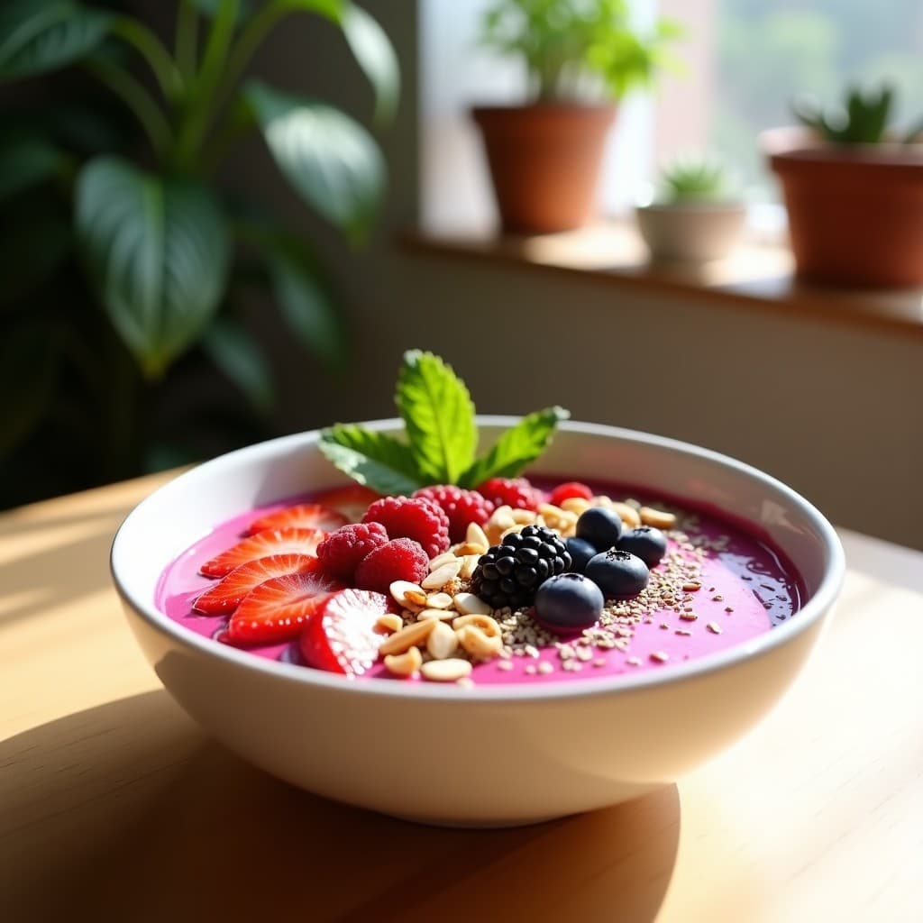 Smoothie Bowl de Pitaya y Frutos Rojos con Granola Sin Azúcar: Desayuno Detox y Colorido