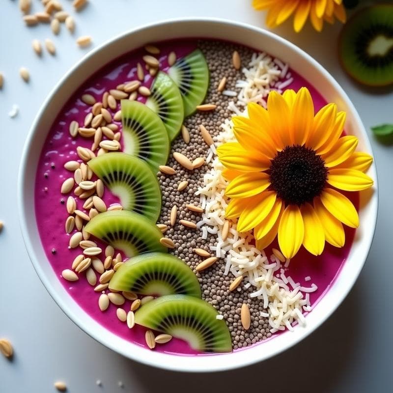 Smothie Bowl de Pitaya y Kiwi con Toppings de Semillas: Desayuno Vegano y Detox