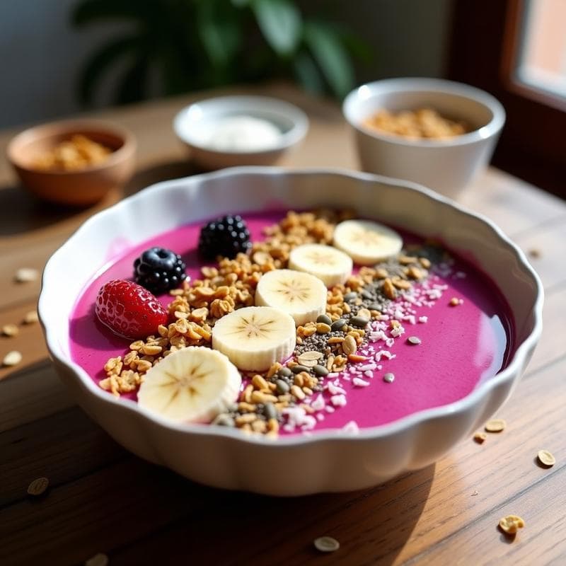 Smoothie Bowl de Pitaya y Plátano con Granola de Quinoa y Semillas de Calabaza